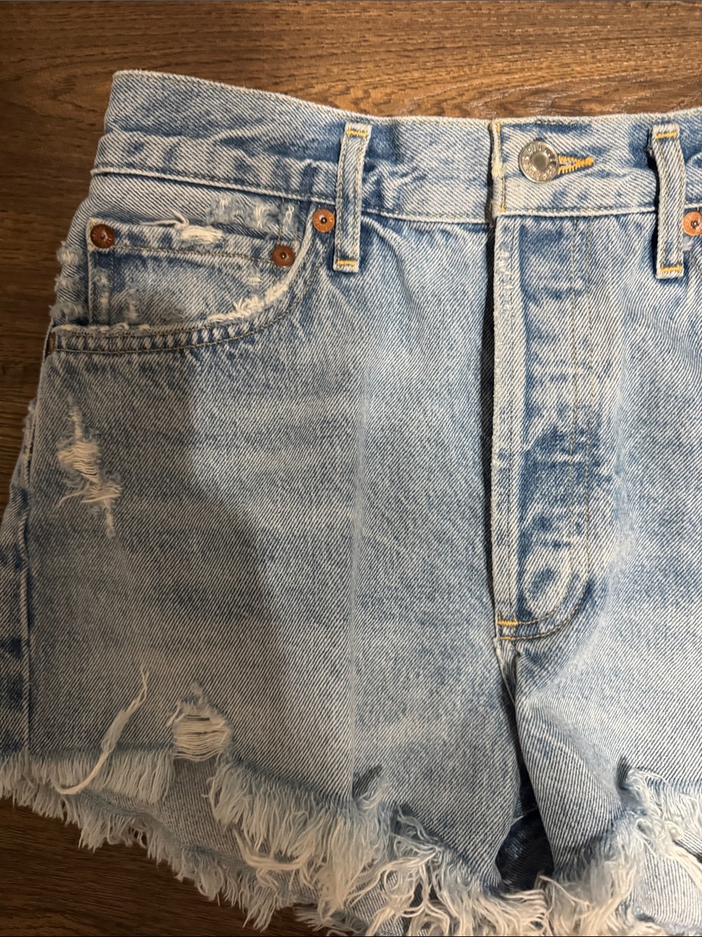 Agolde Light Blue Distressed High-Waist Cutoff Shorts - Picture 3 of 5